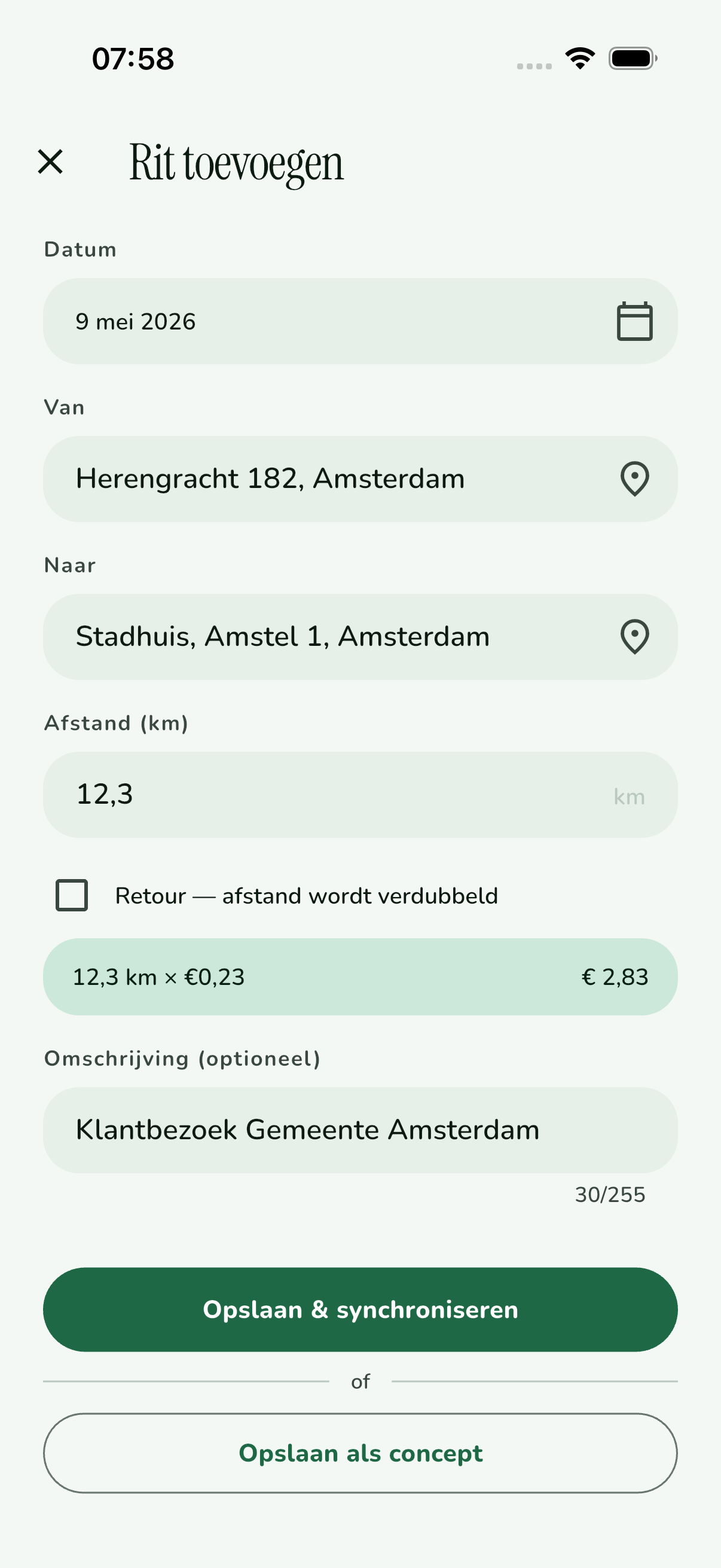 Trajekt fietsrit toevoegen scherm